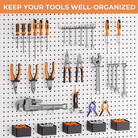 INCLY 120pcs pegboard accessories organizer kit with orange-handled hooks, pliers, and bins on pegboard (front view)