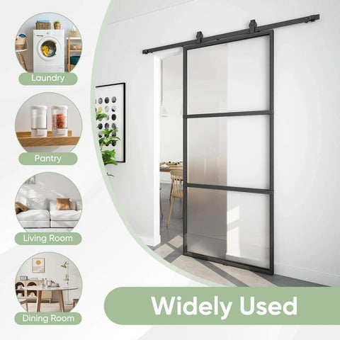 34x84 Inch Frosted Glass Barn Door With Black Carbon Steel Frame Top Mounted Hardware Kit No Fuss Soft Close Tempered Glass Sliding Door For Privacy Easy Assembly For Bathroom Laundry Kitchen Or Living Room installed view in living area.