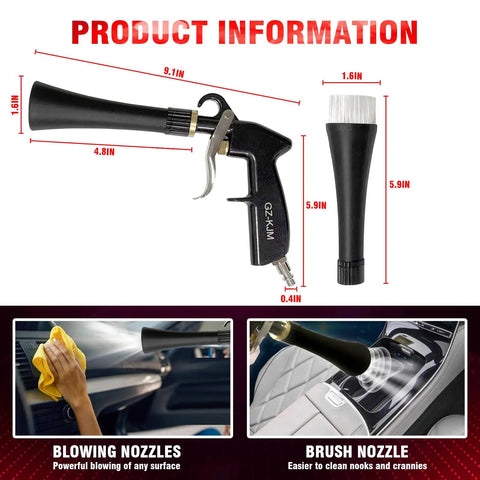 High Pressure Car Interior Spraying Gun With Two Nozzle Sets And Air Pulse Connector, black plastic, 9.1 in, for car interior detailing
