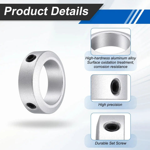 6 Pack 35mm Bore Aluminum Shaft Collars, 15mm Thick, 50mm OD Locking Ring With Ball Head Hex Key, Secures Bearings, Gears, Pulleys On Shafts For CNC Machines, Gearboxes, Industrial Automation, Silver close-up of set screw
