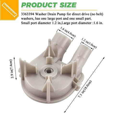 No Sweat Wp3363394 Washing Machine Drain Pump Replacement For Whirlpool Maytag Kenmore Top Load Washer Water Pump, 2 ports, 7.1 in.