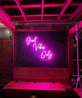 Pink Neon Sign With Dimmable LED Lights For Bedroom And Bar Decor Huge 56.57 Inch Wall Art That Sets Cozy Vibes For Home Parties Clubs And Nightlife Ambient Glow For Chill Vibes inside wooden room.