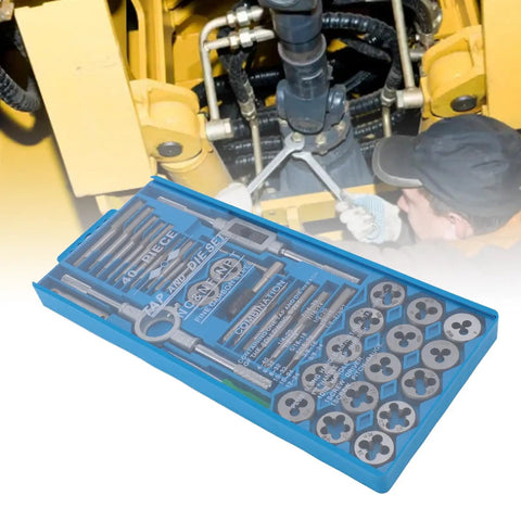 Premium 40 Piece High Carbon Steel Tap And Die Set With Wrenches Thread Gauge And Screwdriver For Auto Repair Metalworking And DIY Projects To Fix Threads On The Fly. blue tap and die set case with taps, dies, wrench, and gauge