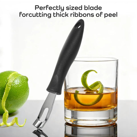 Lemon Zester and Garnish Channel Knife for Cocktails Triangular V Shaped Stainless Steel Bar Tool beside a drink with citrus peel