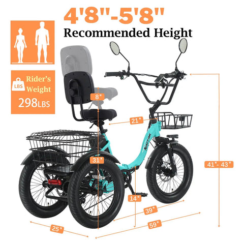 Dimensions of Fat Tire Folding Electric Tricycle For Adults With Large Basket Three Wheels Step Thru E Trike 700W 1100W