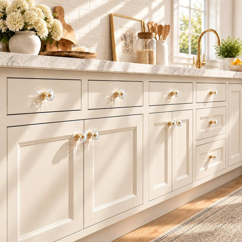 Six Pack Swanky Clear Faceted Glass Cabinet Knobs With Trendy Gold Alloy Base on cream kitchen cabinets with natural lighting.