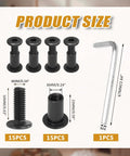 Tough As Nails M6x16 Hex Socket Cap Bolts Paired With Barrel Nuts And Allen Wrench 15 Piece Set Rugged Carbon Steel Fastener Kit size chart with bolts and wrench.