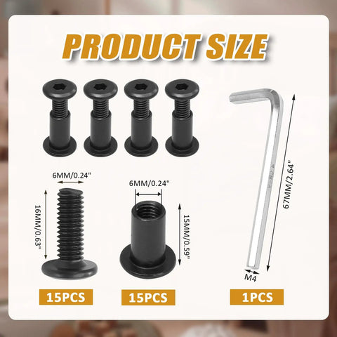 Tough As Nails M6x16 Hex Socket Cap Bolts Paired With Barrel Nuts And Allen Wrench 15 Piece Set Rugged Carbon Steel Fastener Kit size chart with bolts and wrench.