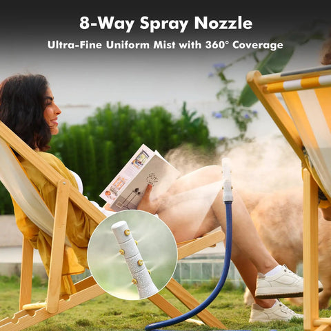 Woman relaxing on patio chair with Adjustable Outdoor Misters for Patio 360 Degree Misting Cooling System With 8 Brass Nozzles