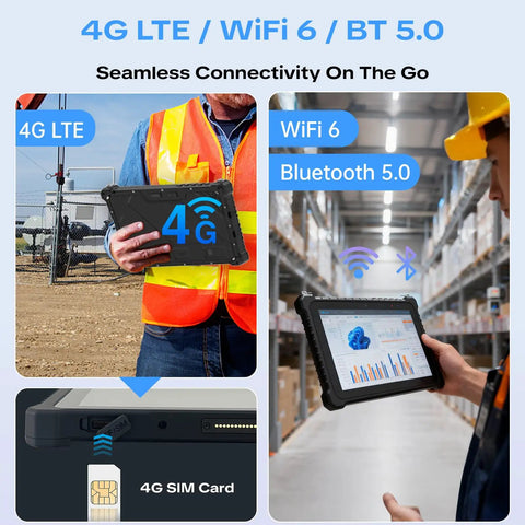 No Sweat Heavy Duty Workhorse 10.1 Inch Rugged Tablet Pc IP67 Waterproof Industrial Windows 11 Pro showcasing 4G LTE and SIM card.