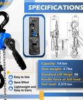 Beefy Mini Chain Hoist 1/4 Ton Rated 550 Lb 5 Ft Lift Manual Lever Hoist with Alloy Steel G80 Chain and 2 Heavy Duty Hooks.