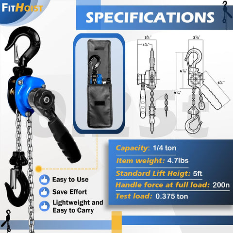 Beefy Mini Chain Hoist 1/4 Ton Rated 550 Lb 5 Ft Lift Manual Lever Hoist with Alloy Steel G80 Chain and 2 Heavy Duty Hooks.