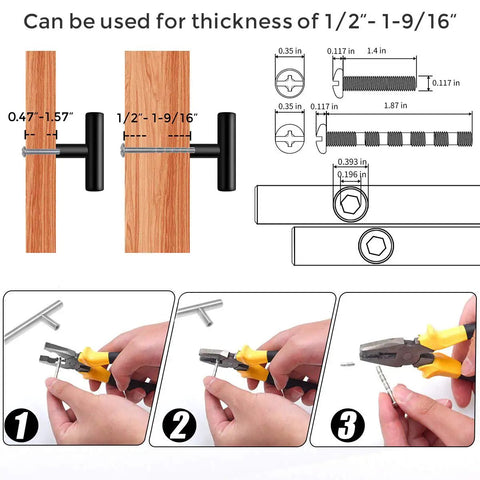 Installation guide for Matte Black Stainless Steel Cabinet Pulls 2 Inch Long 15 Pack showing steps with tools and measurements.