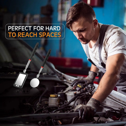 Cool 2 Piece Lighted Telescoping Inspection Mirror Set With Flexible Retractable LED Round Dental Mirror used on car engine