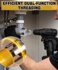 All In One Handy PVC Pipe Threader Set With One Half Inch, Three Quarters Inch And One Inch Threaders, in use with drill on pipe