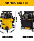 Front and back view of a 10 Gallon Poly Wet Dry Vacuum With 5.5 HP Power, 120V Shop Vacuum Delivers 90 CFM For Jobsite, Garage Or Workshop Cleanup, Quiet Operation, Rugged Rubberized Casters, And A 10 Ft Cord For Easy Mobility.