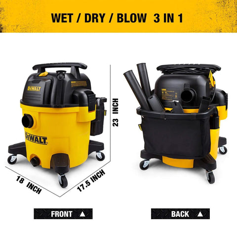 Front and back view of a 10 Gallon Poly Wet Dry Vacuum With 5.5 HP Power, 120V Shop Vacuum Delivers 90 CFM For Jobsite, Garage Or Workshop Cleanup, Quiet Operation, Rugged Rubberized Casters, And A 10 Ft Cord For Easy Mobility.