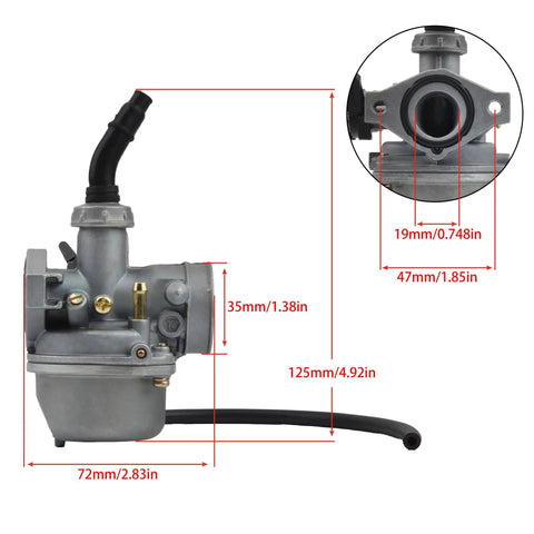 PZ19 19mm Carburetor Kit With Air Fuel Filter And Repair Tools shown with detailed measurements for ATVs and go-karts.