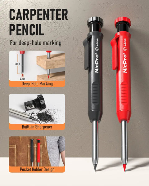 Red and black 2.0mm carpenter pencils with clips; labeled features include deep-hole marking, built-in sharpener, pocket holder.
