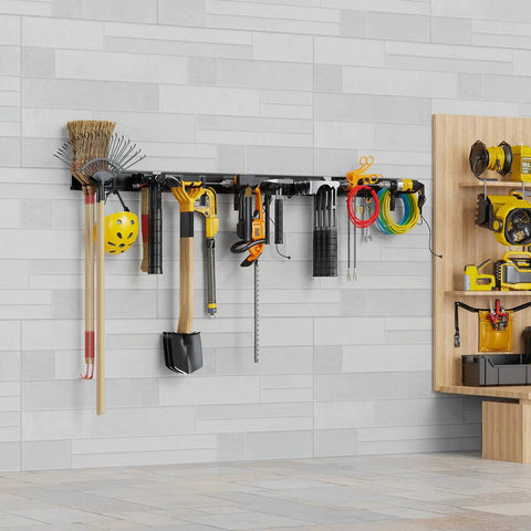 Heavy Duty Wall Mounted Tool Organizer Rack with 3 Rails and 6 Removable Hooks holding rakes, shovels, and tools in garage