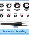 Diagram of 65Mn Steel Internal Tooth Star Lock Washers Set, 351 Piece Assortment For M2 To M12 with 13mm tweezers included.