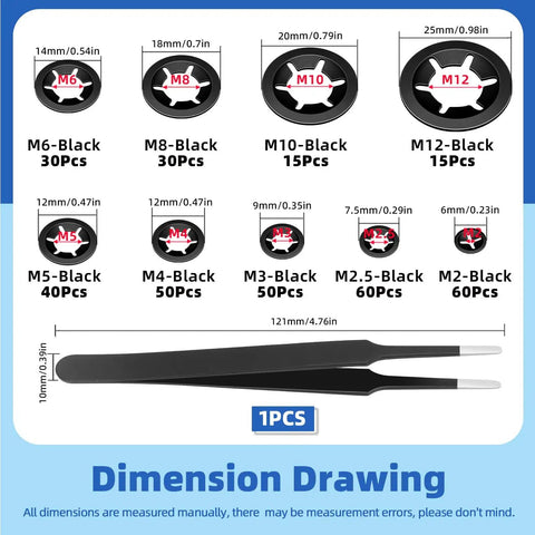 Diagram of 65Mn Steel Internal Tooth Star Lock Washers Set, 351 Piece Assortment For M2 To M12 with 13mm tweezers included.