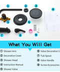 Components of Shower Tub Kit With Single Handle Trim And Valve Included Built To Last Matte Black Finish 6 Inch Rain Shower Head Durable Stainless Steel And Zinc Alloy Faucets Set for Modern Bathtub Remodel displayed on white background.