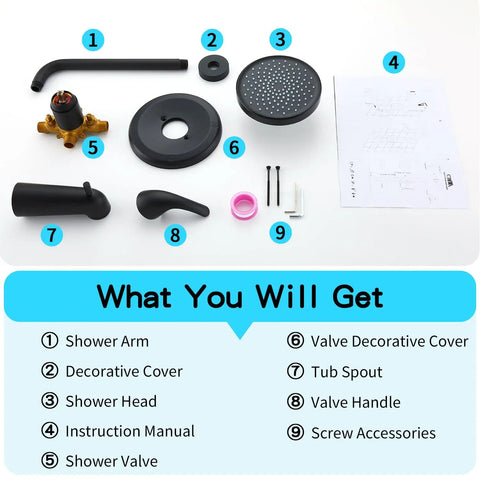 Components of Shower Tub Kit With Single Handle Trim And Valve Included Built To Last Matte Black Finish 6 Inch Rain Shower Head Durable Stainless Steel And Zinc Alloy Faucets Set for Modern Bathtub Remodel displayed on white background.