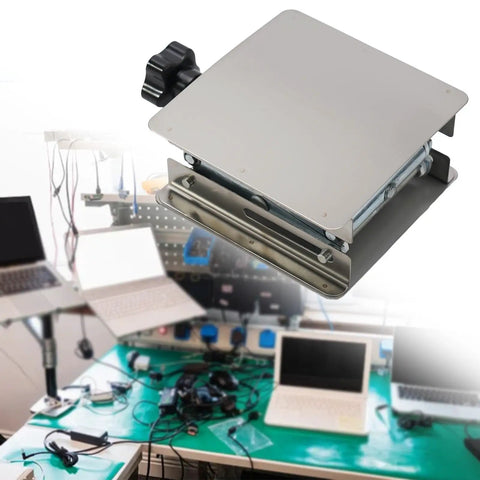 Premium Stainless Steel Manual Router Lift Table Featuring 100mm Vertical Travel And Slick Fine Tuning Controls For Boss Level Woodworking Accuracy on a workbench.