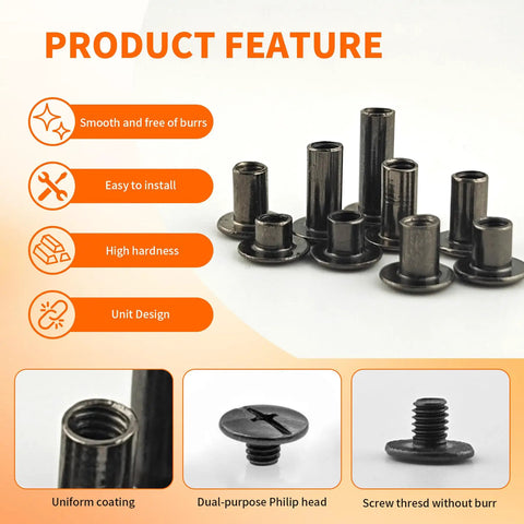 Heavy Duty Black Chicago Binding Screws Assorted Kit Hella Tough Carbon Steel Fasteners for leather crafting, showcasing various sizes and features.