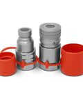 Flat-face hydraulic quick-connect coupler set (1/2 in SAE, 3/4-16 ORB) with two metal bodies and orange protective caps