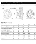 Technical drawing and specifications of CD20 Harmonic Reducer Gearbox Strain Wave Drive for BLDC Motors in industrial automation.