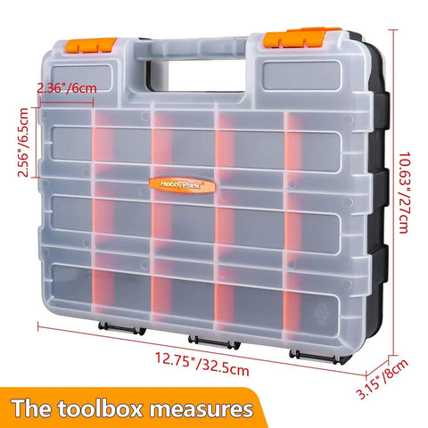 Front view of RC Gear Organizer Box With Adjustable Compartments And Removable Dividers, Durable Plastic Double Sided Toolbox