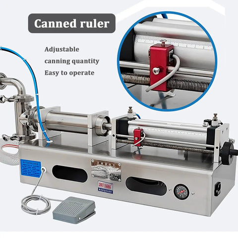 Shop Floor Ready Semiautomatic Pneumatic Liquid Filler Stainless Steel single head with adjustable canning ruler.