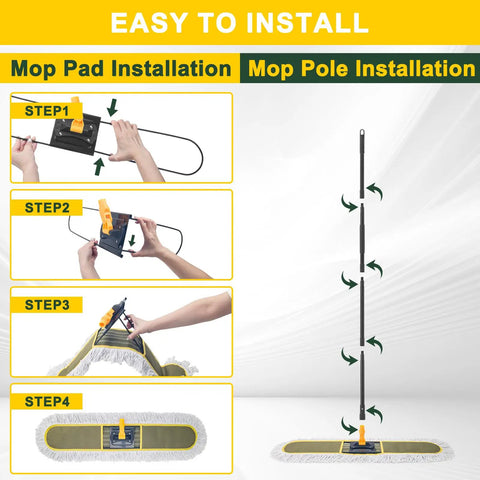 Heavy Duty 2 Pack 36 Inch Cotton Dust Mop Replacement Heads installation steps showing mop pad and pole assembly.
