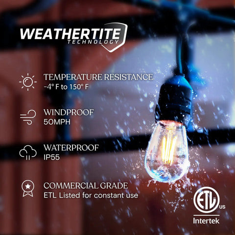 Close-up of Ambience Pro Waterproof LED Outdoor String Light with raindrops, illustrating weather resistance features.