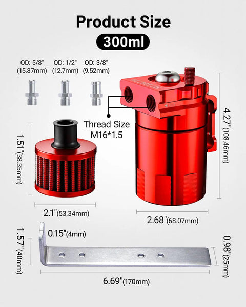 Mean Street Ready Universal Baffled Oil Catch Can With Quick Swap Breather Filter 300 Ml Aluminum Air Oil Separator dimensions