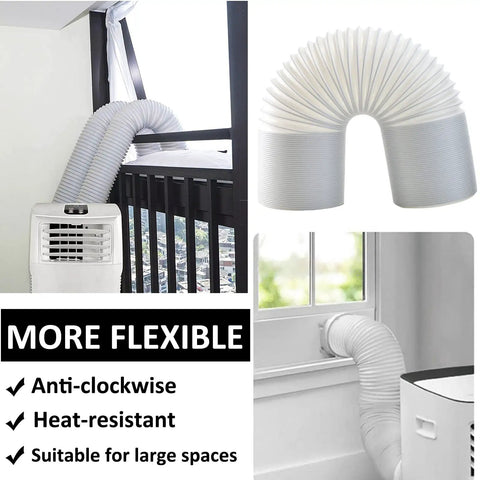 Anti Clockwise Thread Portable AC Exhaust Hose With 5.9 Inch Outer Diameter, 80 Inch Extendable Length, Flexible Vent Replacement Tube For Portable Air Conditioners, Compatible With LG Units shown in various installations.