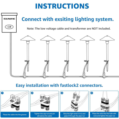Diagram of Low Voltage Pathway Lights Warm White 3000K 3W 12-24V Cast Aluminum Waterproof LED installation steps.