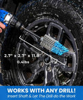 Extended Reach Drill Brush Attachment For Cars And Trucks With Beast Power And Heavy Duty Non Scratch Nylon Bristles All Purpose Wheel And Tire Cleaner being used on car wheel