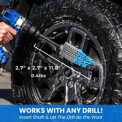 Extended Reach Drill Brush Attachment For Cars And Trucks With Beast Power And Heavy Duty Non Scratch Nylon Bristles All Purpose Wheel And Tire Cleaner being used on car wheel