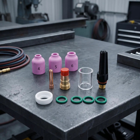 Heavy Duty Tig Torch Consumables Kit With Copper Collet Body And Clear Cup For Clean Welds, including ceramic nozzles and O-rings.