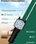 Portable Hay Moisture Meter With Dual Probe Forage Tester Fast Accurate Readings From 0 To 80 Percent With Auto Temperature Compensation Great For Alfalfa Orchard Grass And Bales Helps You Nail Harvest Timing And Safe Stocking. handheld meter with dual probes and LED display