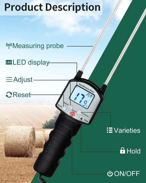 Portable Hay Moisture Meter With Dual Probe Forage Tester Fast Accurate Readings From 0 To 80 Percent With Auto Temperature Compensation Great For Alfalfa Orchard Grass And Bales Helps You Nail Harvest Timing And Safe Stocking. handheld meter with dual probes and LED display