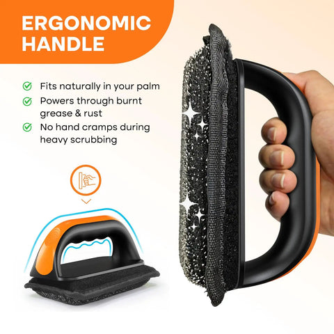 Person holding ergonomic handle of Griddle Cleaning Kit With 3 Replacement Scouring Pads For Flattop Grills Rust Removal Bristle Free Stainless Mesh Cleaner Safe For Food And Easy To Use BBQ Cleaning Accessories Gift For Dad with stainless mesh