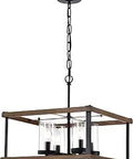 Imitation Wood Grain And Matte Black 4 Light Chandelier With Clear Glass Shades In Brown Finish For Living Room Or Dining Area