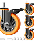 Set of four 4-inch threaded-stem caster wheels with orange polyurethane tires and gray metal frames, brakes.