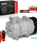 Direct Swap Air Conditioning Compressor With Clutch Assembly For Toyota Corolla And Scion xD against a box, gloves, and installation instructions.