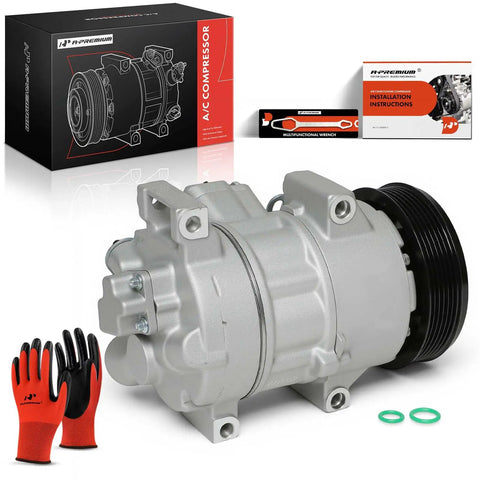 Direct Swap Air Conditioning Compressor With Clutch Assembly For Toyota Corolla And Scion xD against a box, gloves, and installation instructions.
