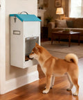 No Sweat Automatic Dog Feeder For Large Breeds With Galvanized Dry Food Dispenser and Clear Gravity Door Blocks Critters While Your Favorite Pup Enjoys Straight Up Chow Days Daily. Shiba Inu dog using gravity dog feeder at home.